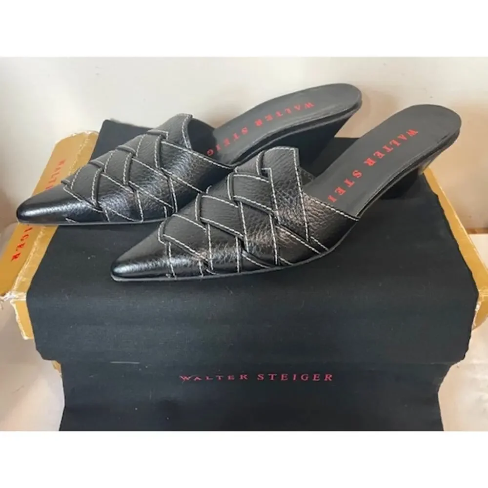 Walter Steiger Black Leather Pointed-Toe Woven Mules